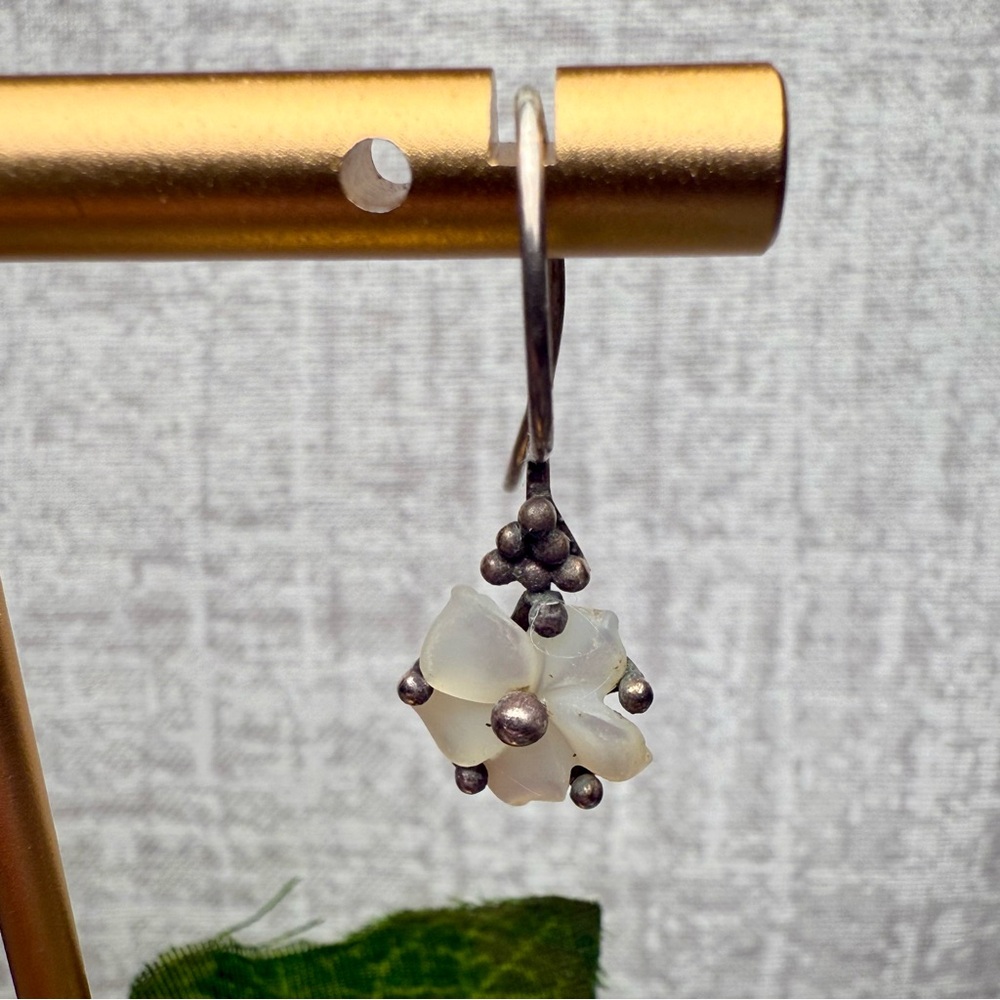 Antique Sterling Silver Floral Drop Earrings with Carved Pearl Petals - Picture 2 of 4